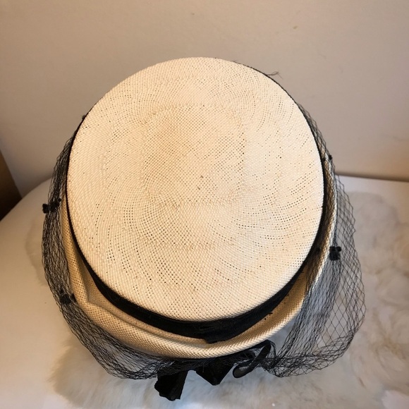 Vintage Union Made Straw Pillbox Hat Black Netting - Picture 6 of 11